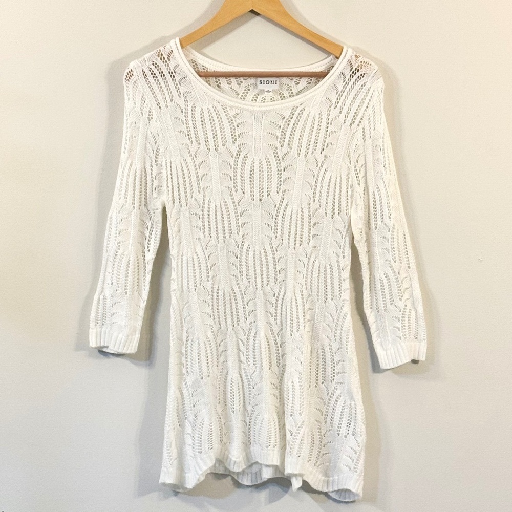 White Pointelle Open Knit Sweater Parisian Chic 3/4 Sleeve Top Sz Medium